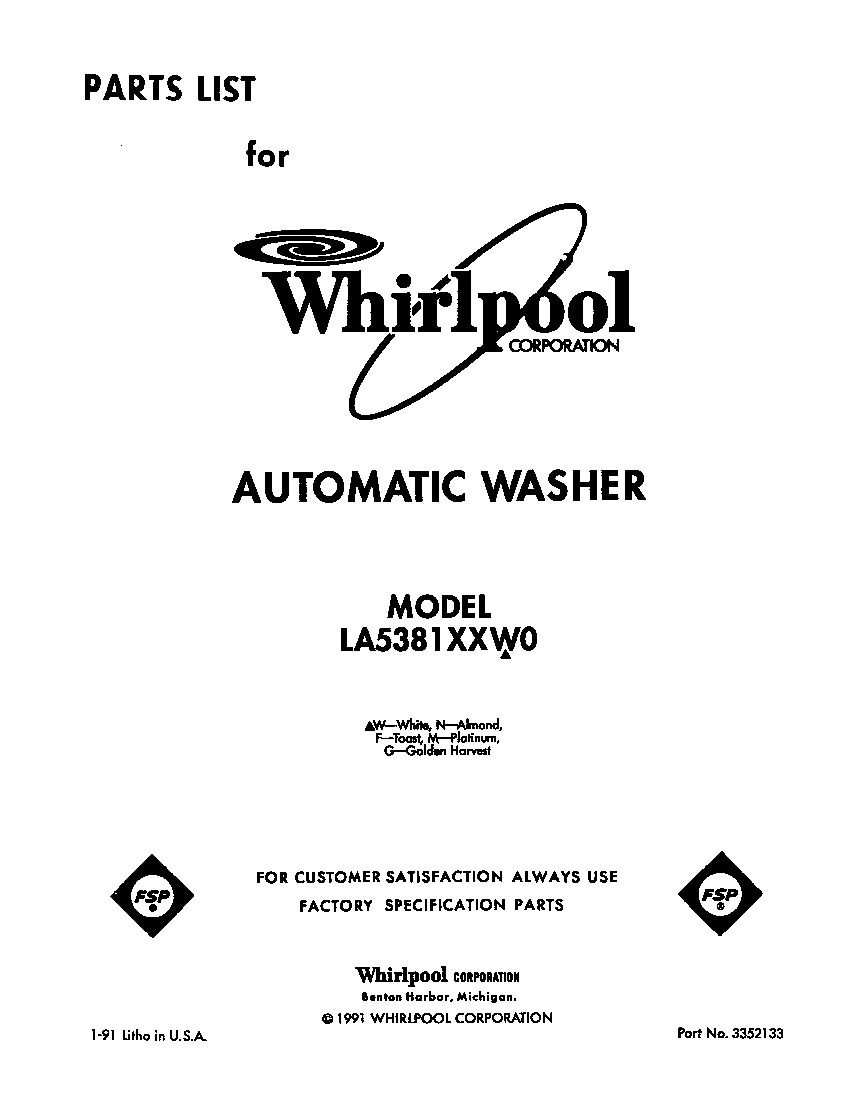 Whirlpool LA5381XXW0 front cover diagram