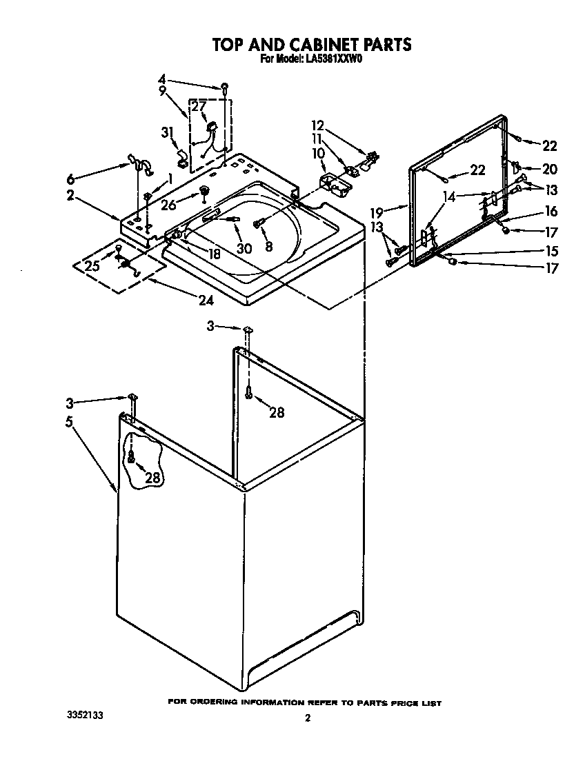Whirlpool LA5381XXW0 top and cabinet diagram