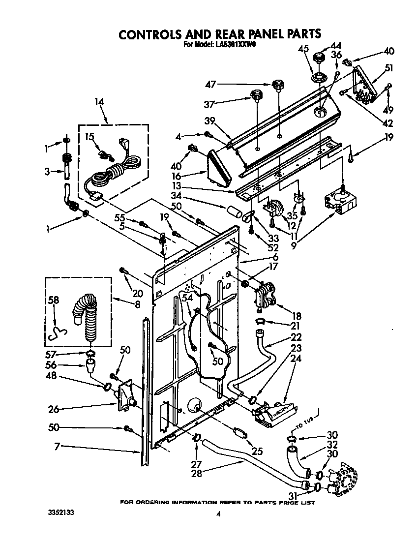 Whirlpool LA5381XXW0 controls and rear panel diagram