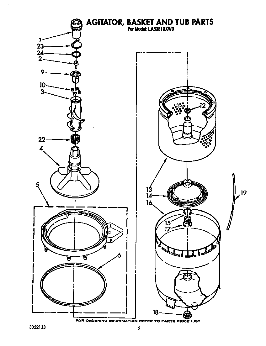 Whirlpool LA5381XXW0 agitator, basket and tub diagram