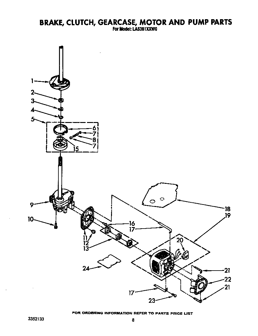 Whirlpool LA5381XXW0 brake, clutch, gearcase, motor and pump diagram