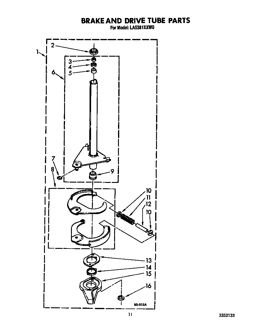 Whirlpool LA5381XXW0 brake and drive tube diagram