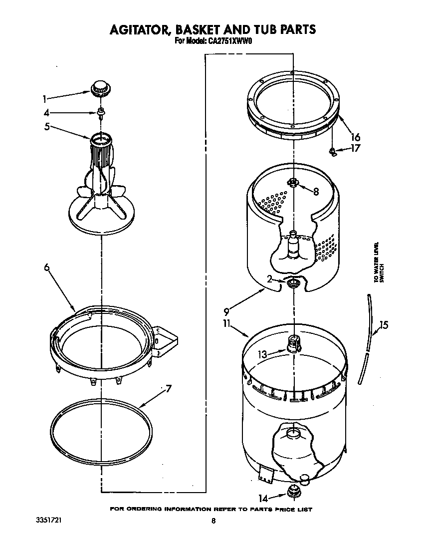 Whirlpool CA2751XWW0 agitator, basket and tub diagram