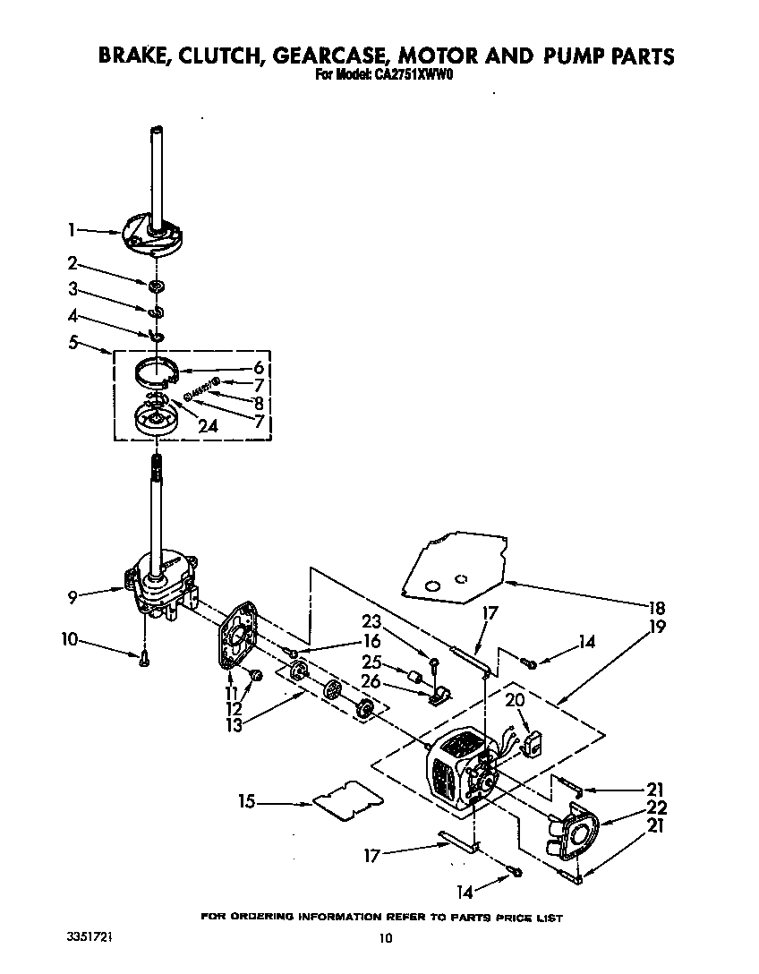 Whirlpool CA2751XWW0 brake, clutch, gearcase, motor and pump diagram