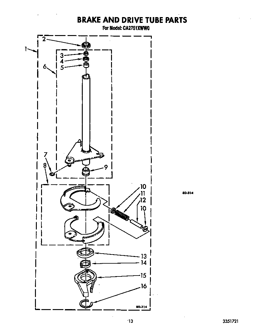 Whirlpool CA2751XWW0 brake and drive tube diagram
