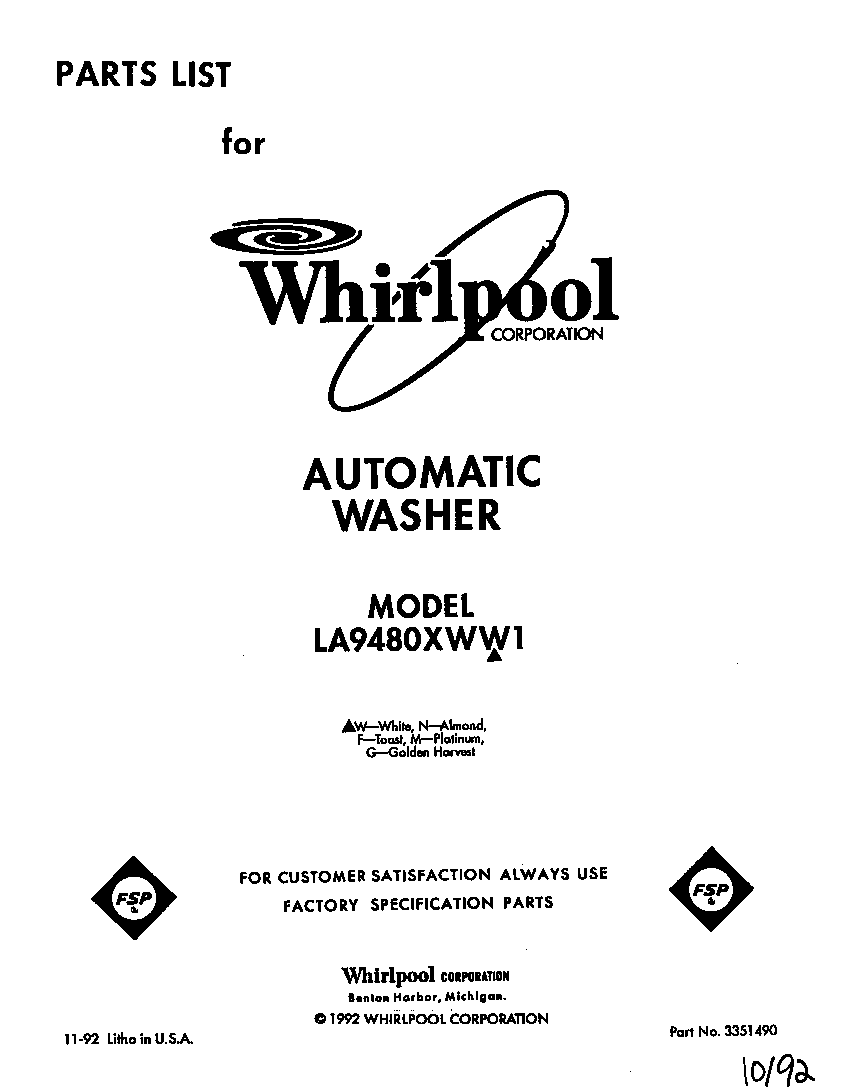 Whirlpool LA9480XWW1 front cover diagram