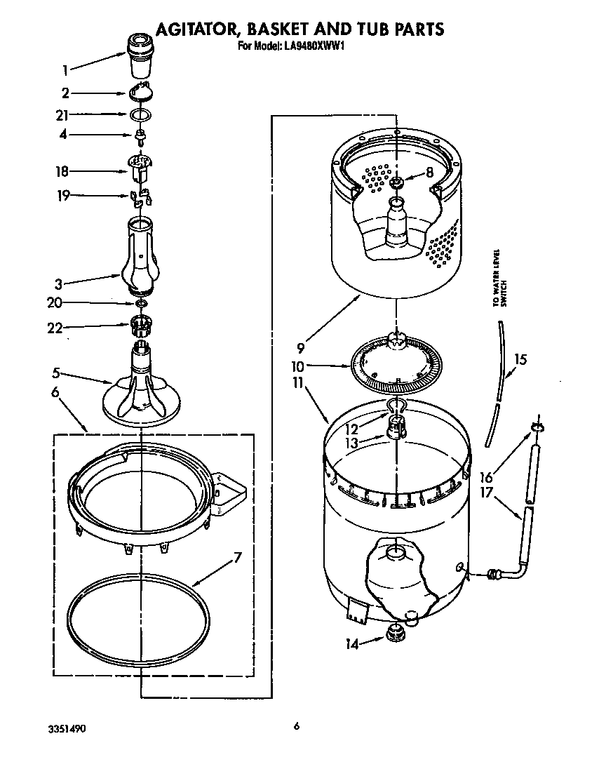 Whirlpool LA9480XWW1 agitator, basket and tub diagram