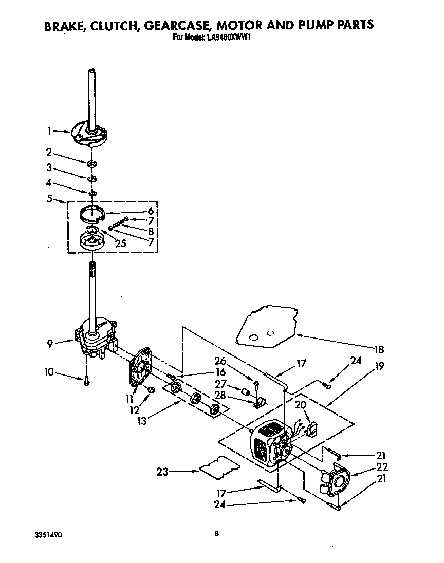 Whirlpool LA9480XWW1 brake, clutch, gearcase motor and pump diagram