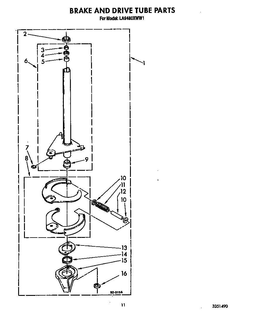 Whirlpool LA9480XWW1 brake and drive tube diagram