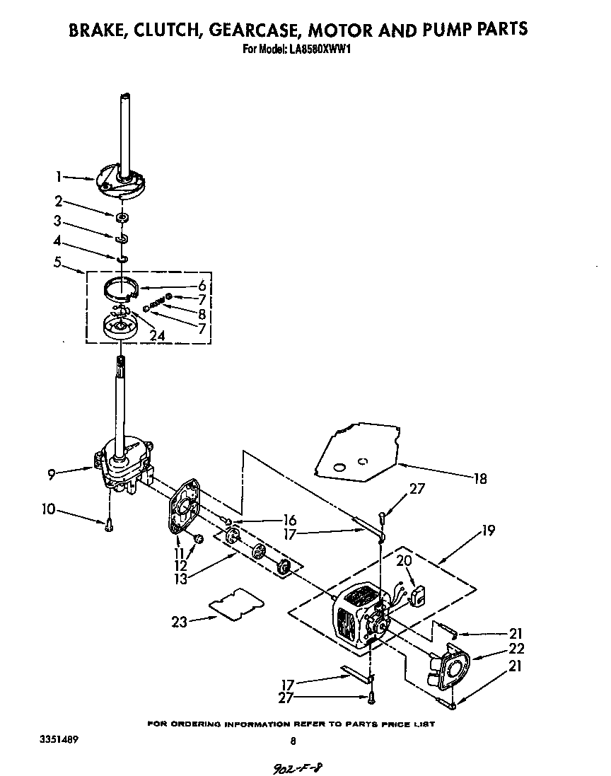 Whirlpool LA8580XWW1 brake, clutch, gear case, motor and pump diagram