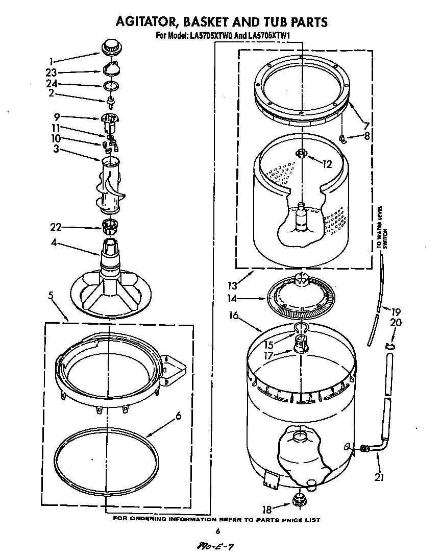 Whirlpool LA5705XTW1 agitator, basket and tub diagram
