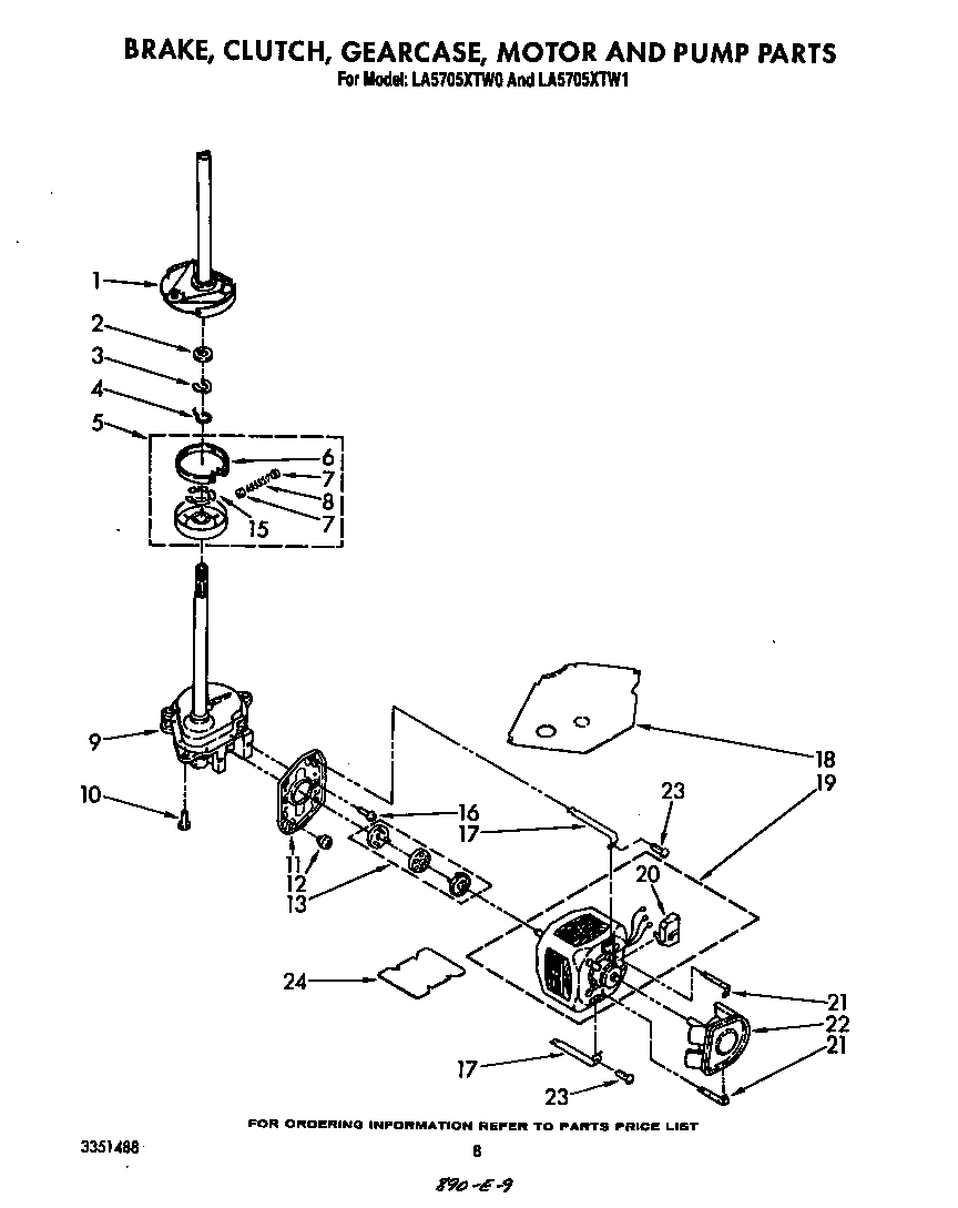 Whirlpool LA5705XTW1 brake, clutch, gearcase, motor and pump diagram