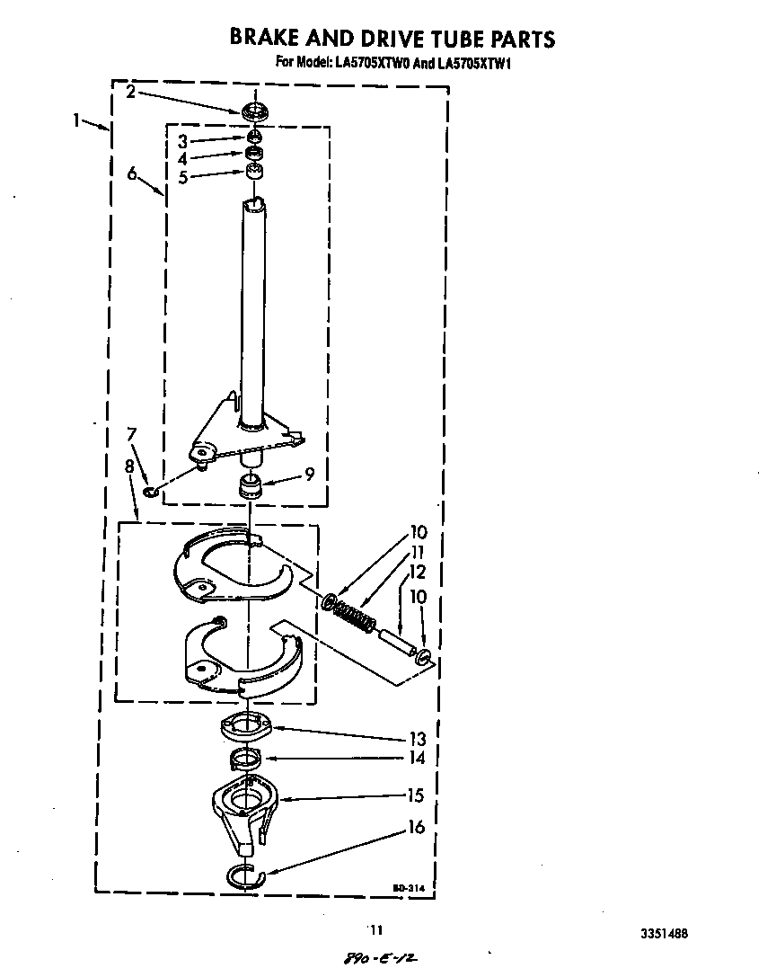 Whirlpool LA5705XTW1 brake and drive tube diagram