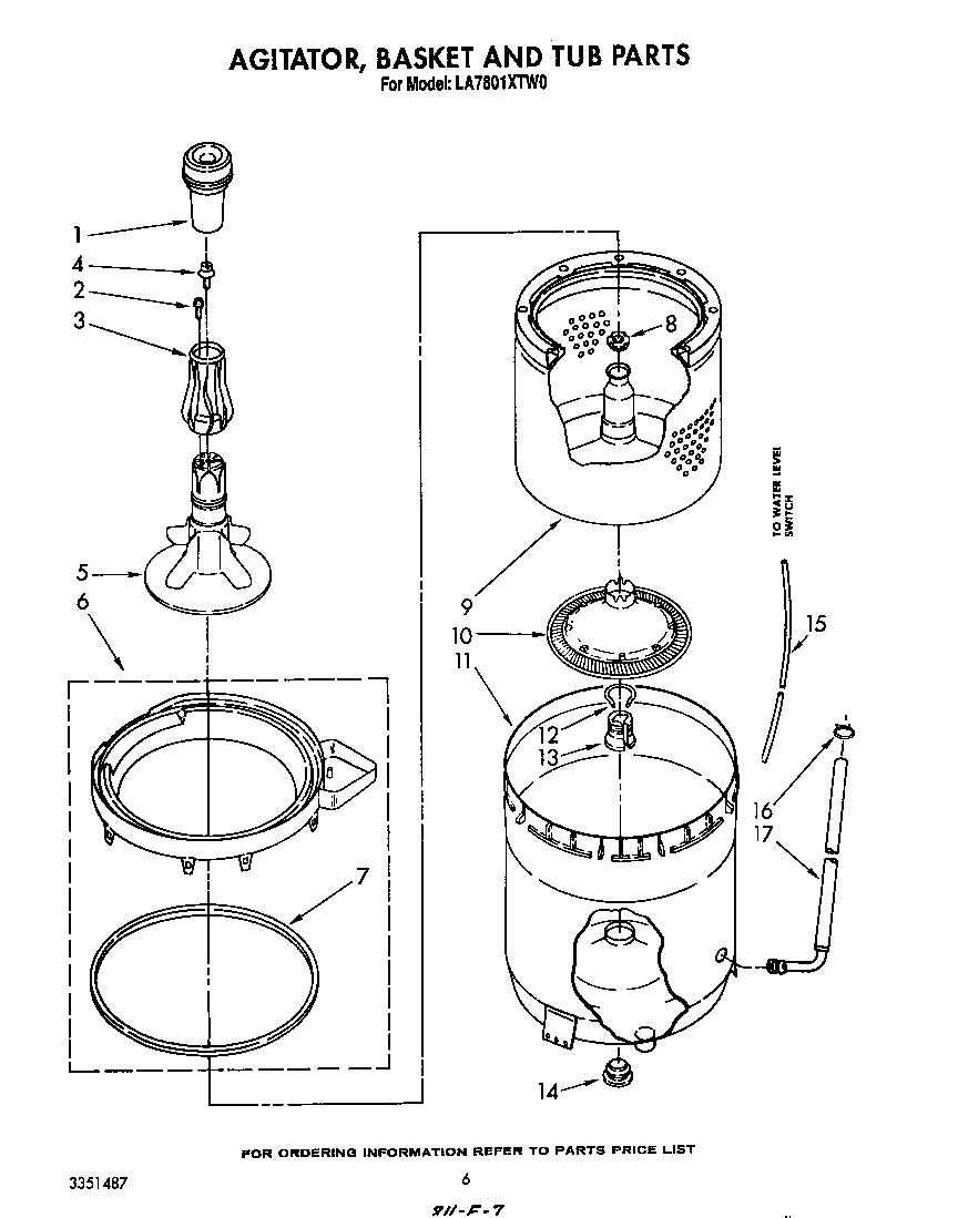 Whirlpool LA7801XTW0 agitator, basket and tub diagram