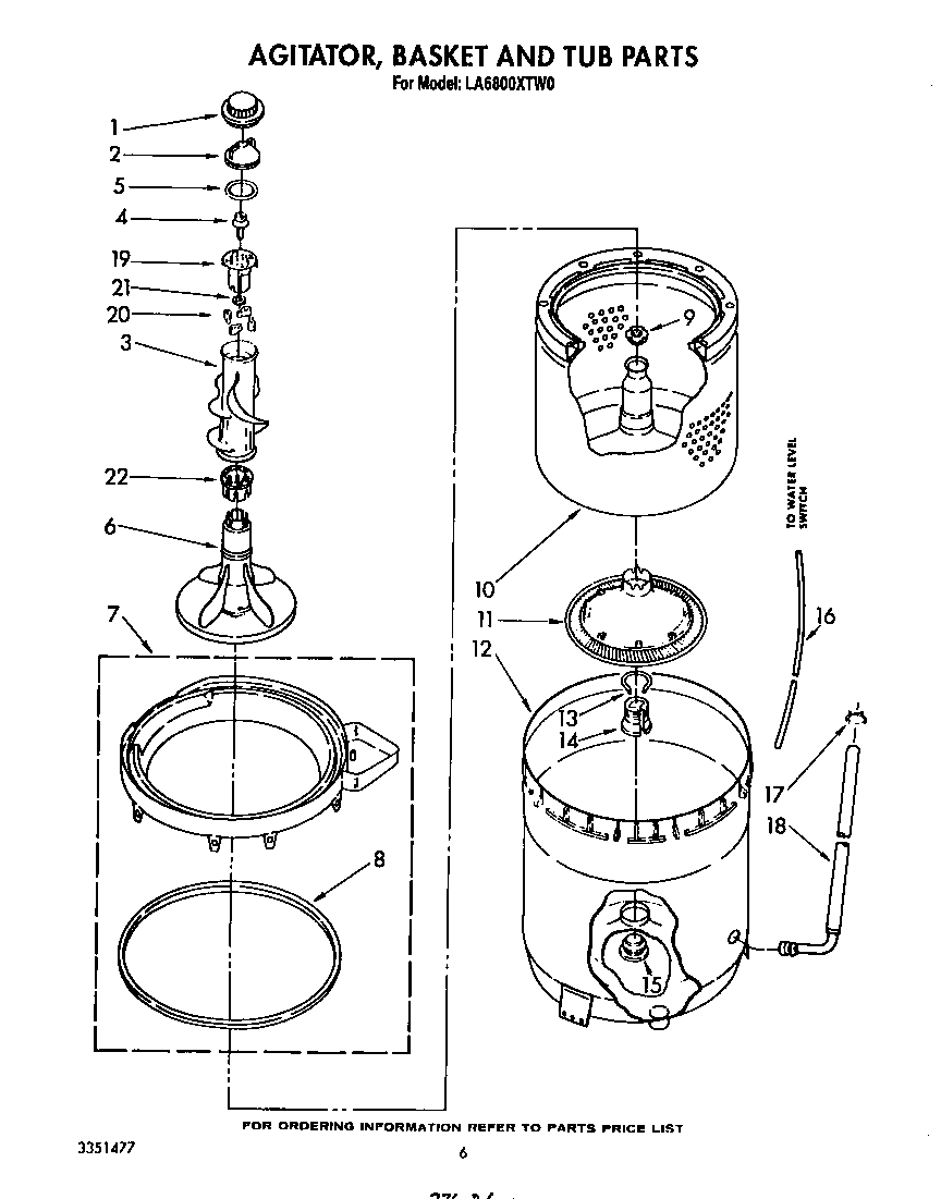 Whirlpool LA6800XTW0 agitator, basket and tub diagram