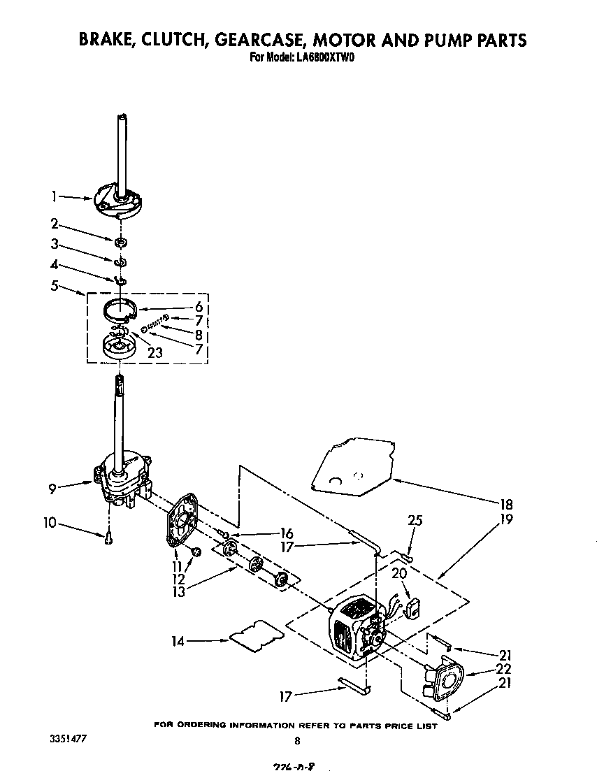 Whirlpool LA6800XTW0 brake, clutch, gearcase, motor and pump diagram