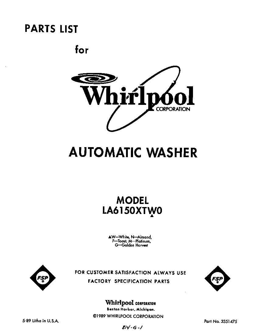 Whirlpool LA6150XTW0 front cover diagram