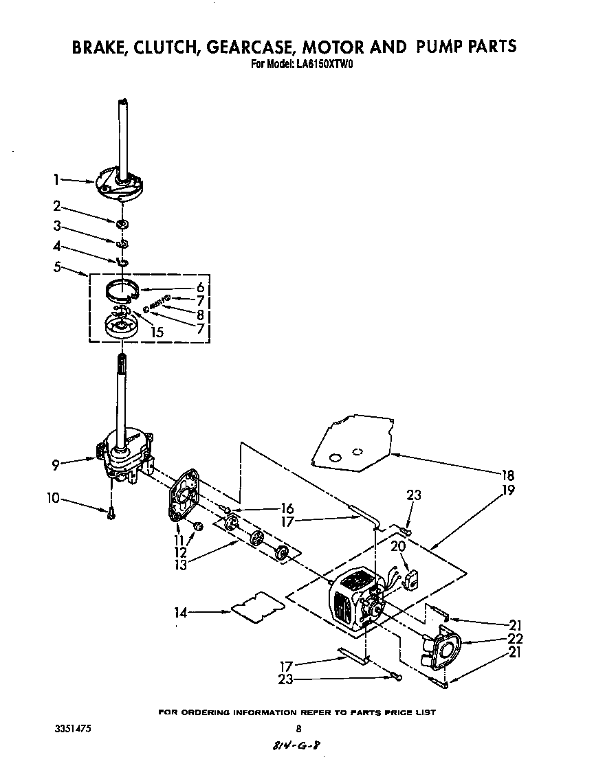 Whirlpool LA6150XTW0 brake, clutch, gearcase, motor and pump diagram