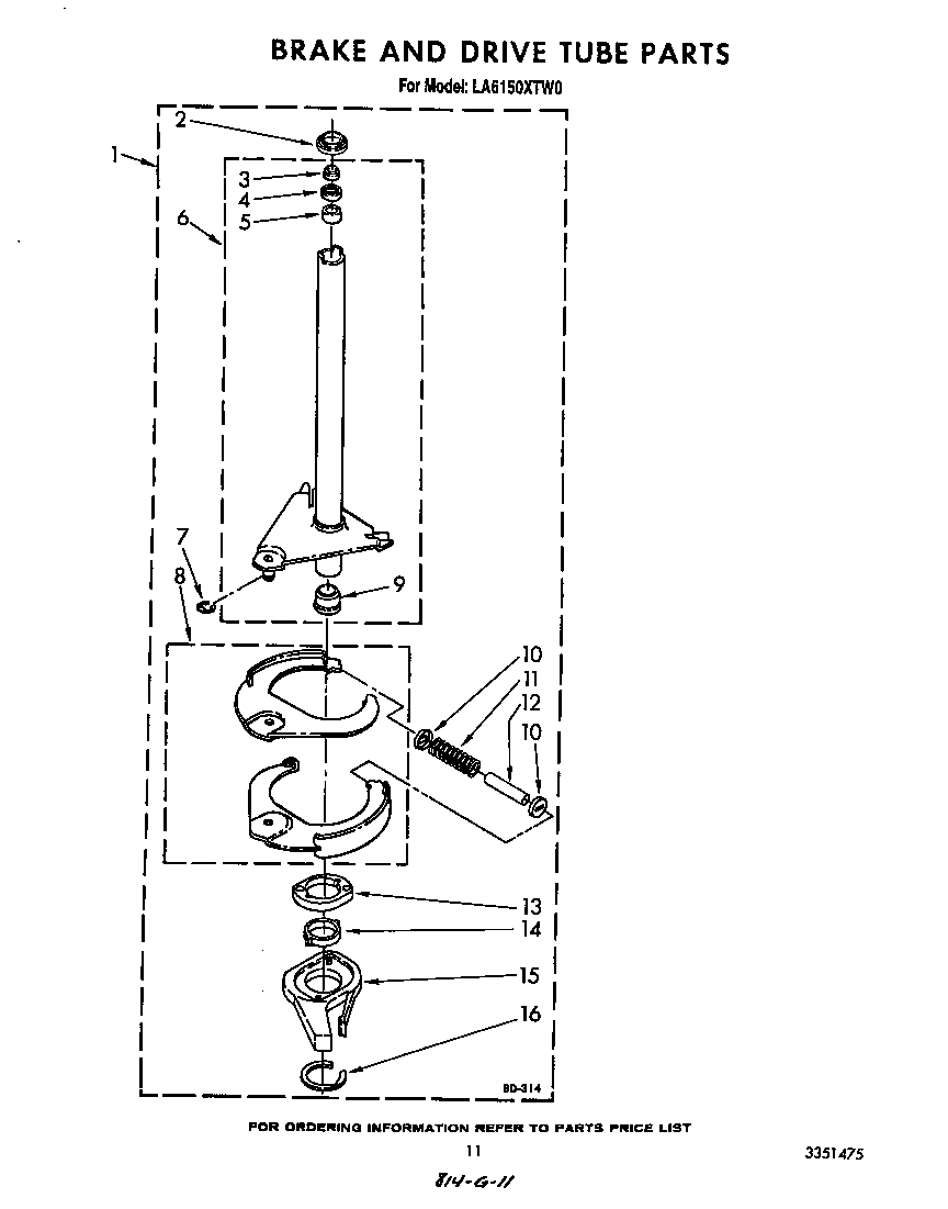 Whirlpool LA6150XTW0 brake and drive tube diagram