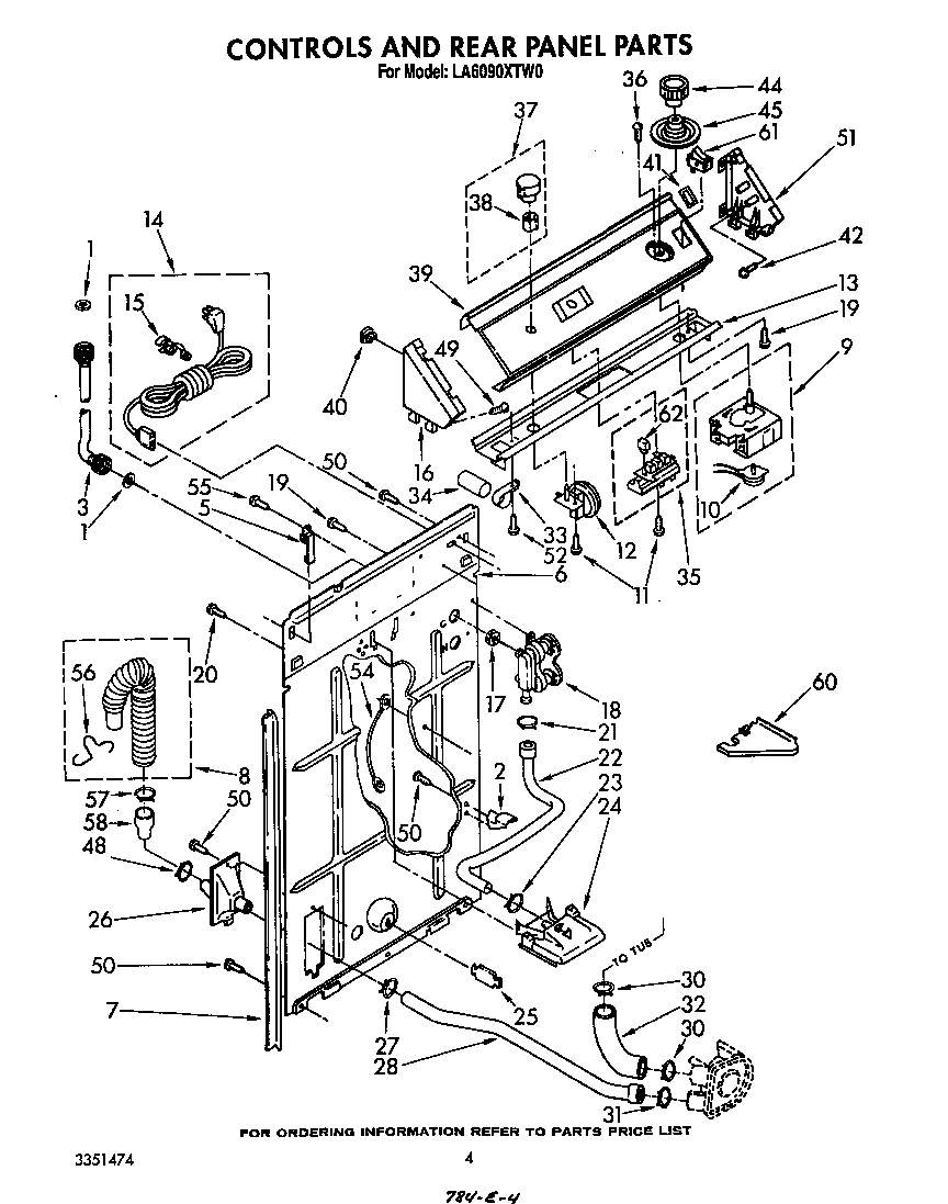 Whirlpool LA6090XTW0 controls and rear panel diagram