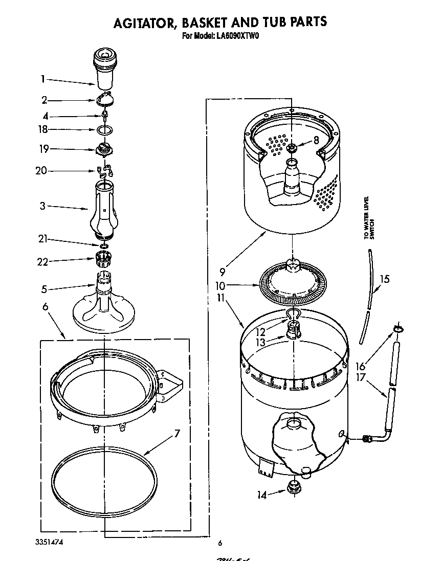 Whirlpool LA6090XTW0 agitator, basket and tub diagram