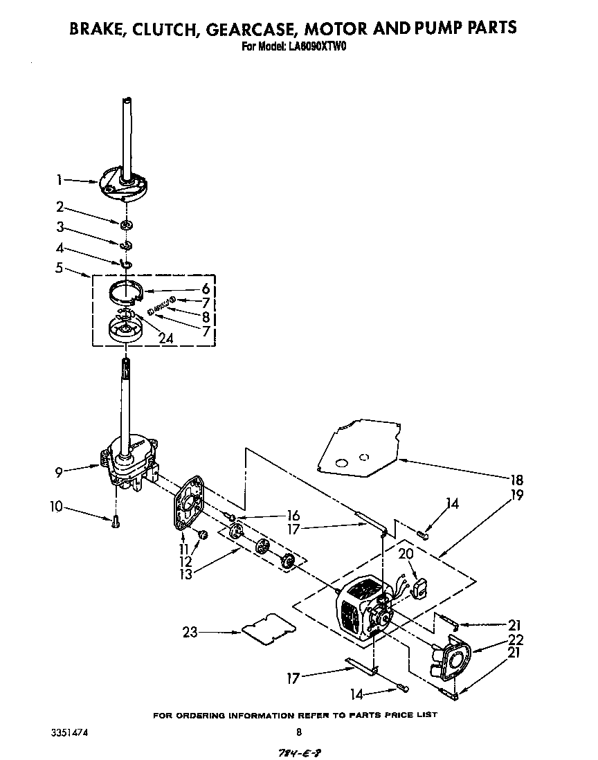 Whirlpool LA6090XTW0 brake, clutch, gearcase, motor and pump diagram
