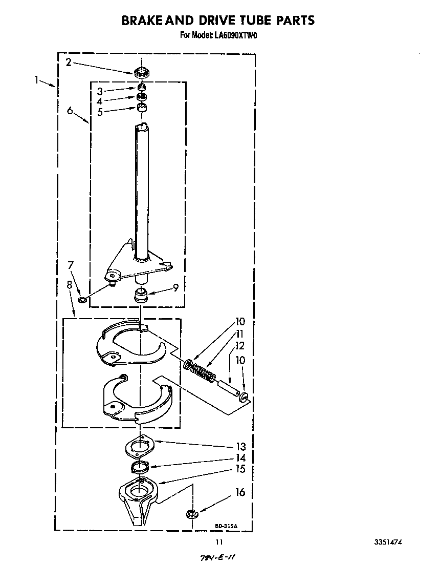 Whirlpool LA6090XTW0 brake and drive tube diagram