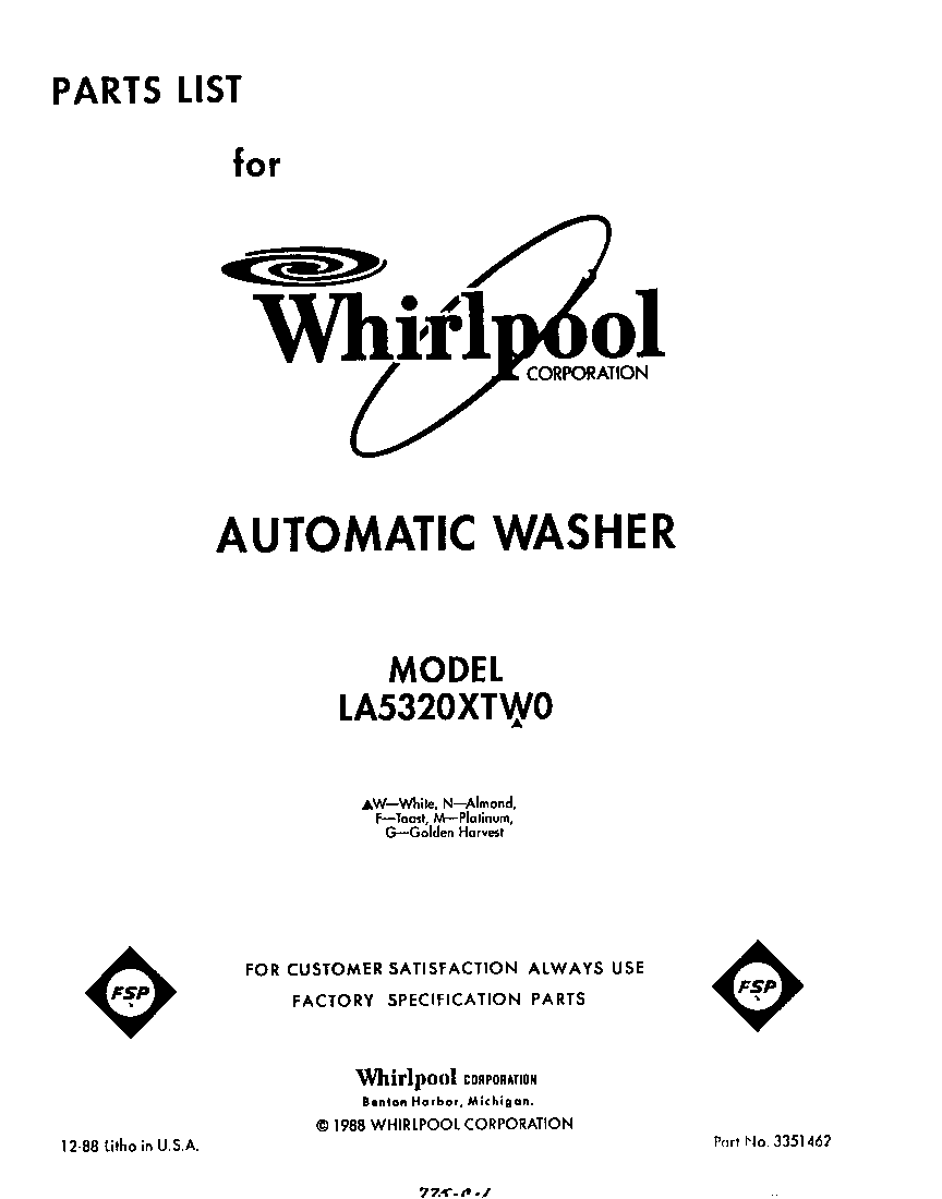 Whirlpool LA5320XTW0 front cover diagram
