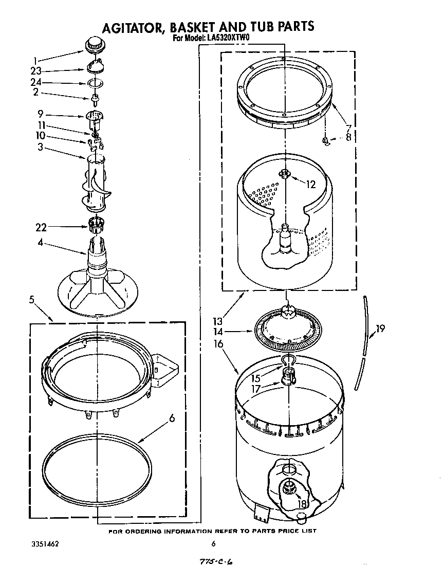 Whirlpool LA5320XTW0 agitator, basket and tub diagram