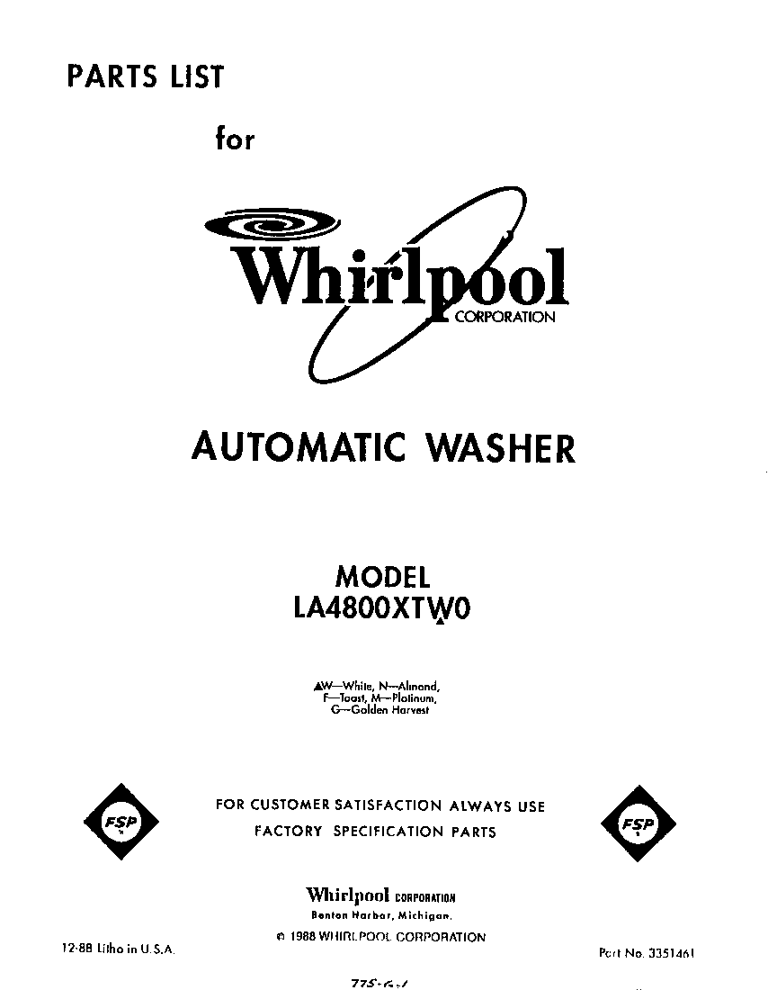 Whirlpool LA4800XTW0 front cover diagram