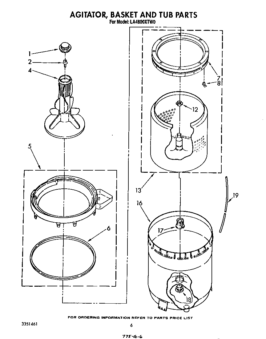 Whirlpool LA4800XTW0 agitator, basket and tub diagram