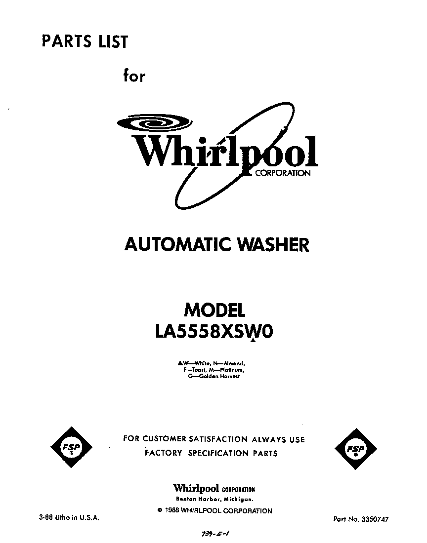 Whirlpool LA5558XSW0 front cover diagram