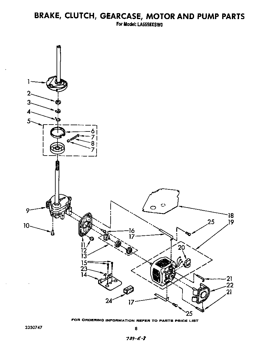 Whirlpool LA5558XSW0 brake, clutch, gearcase, motor and pump diagram