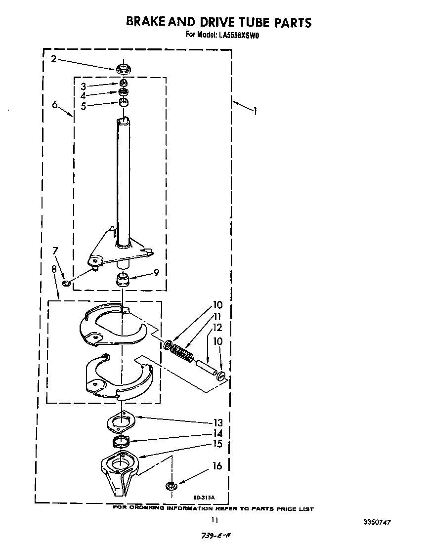 Whirlpool LA5558XSW0 brake and drive tube diagram