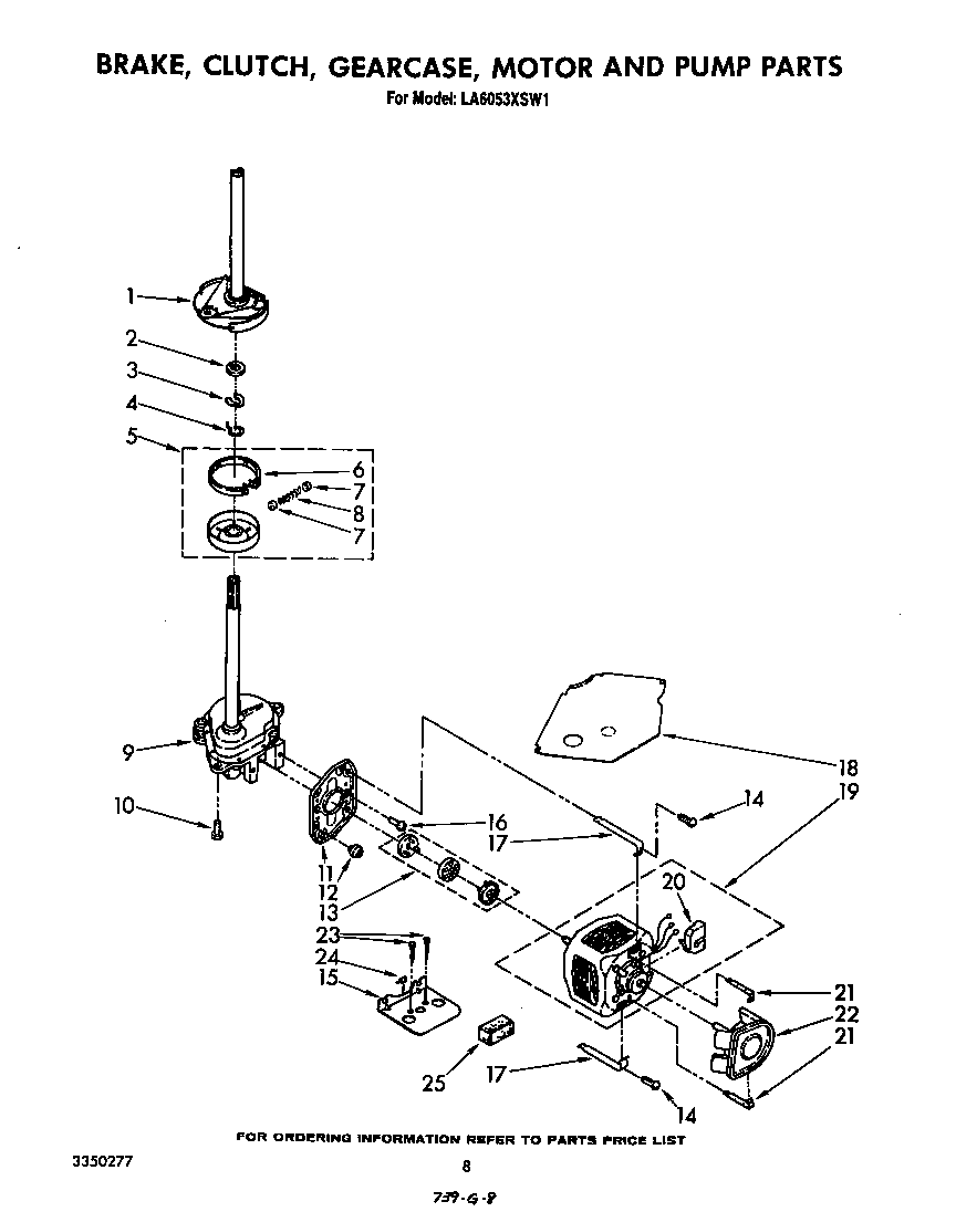 Whirlpool LA6053XSW1 brake, clutch, gearcase, motor and pump diagram