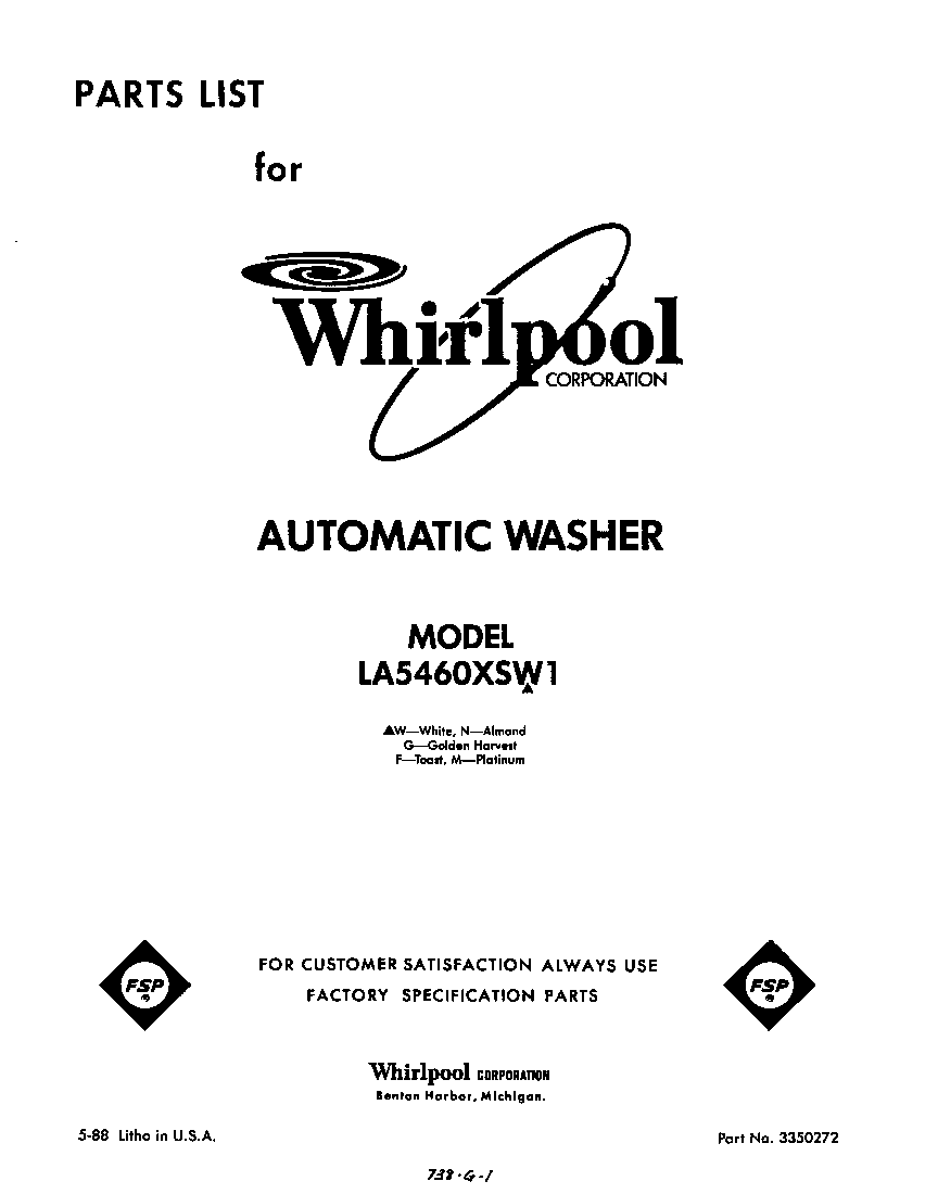 Whirlpool LA5460XSW1 front cover diagram