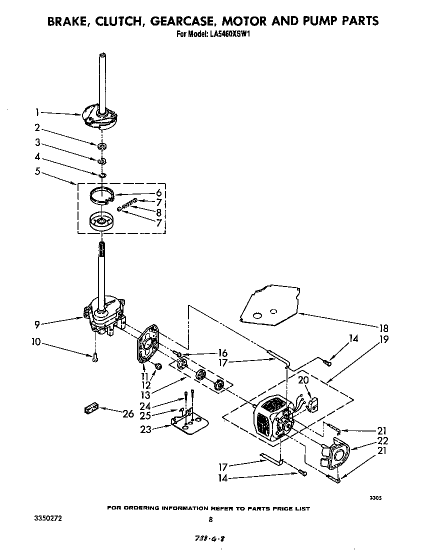 Whirlpool LA5460XSW1 brake, clutch, gearcase, motor and pump diagram