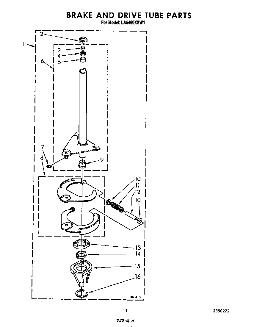 Whirlpool LA5460XSW1 brake and drive tube diagram