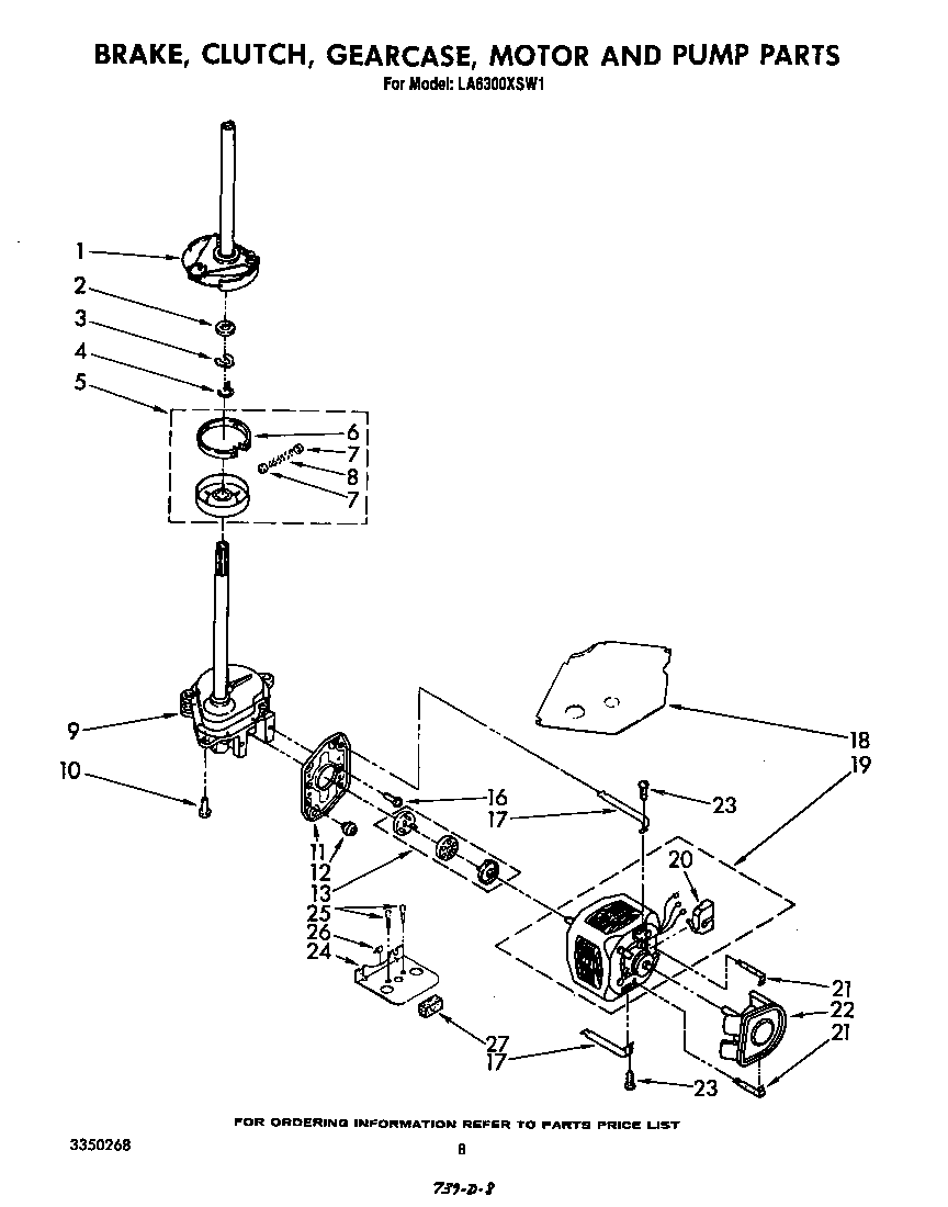 Whirlpool LA6300XSW1 brake, clutch, gearcase, motor and pump diagram