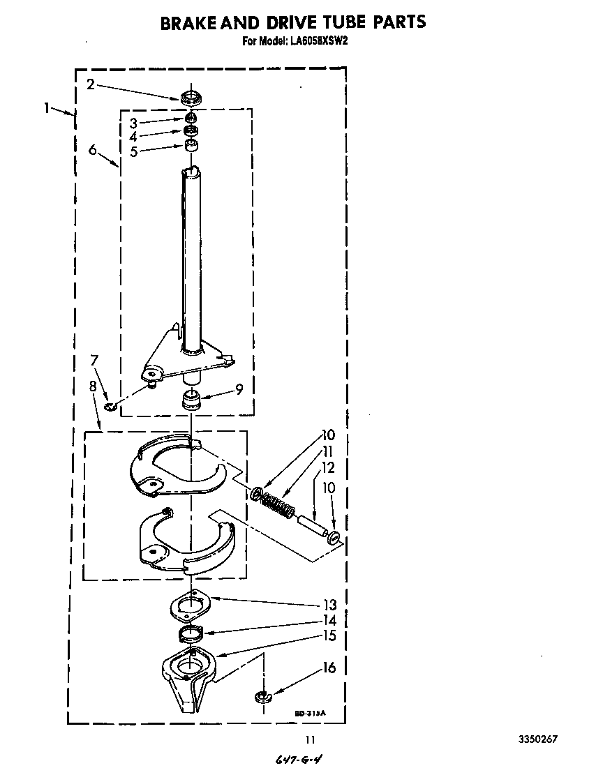 Whirlpool LA6058XSW2 brake and drive tube diagram