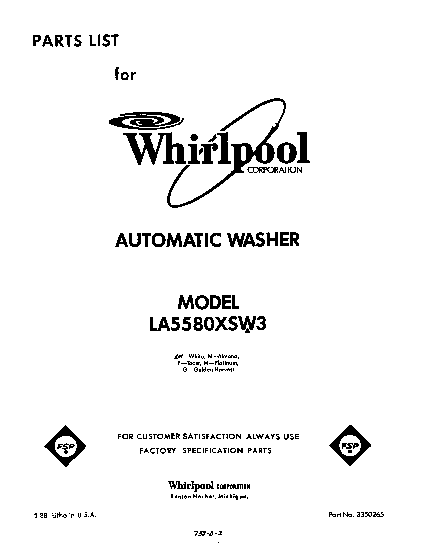 Whirlpool LA5580XSW3 front cover diagram