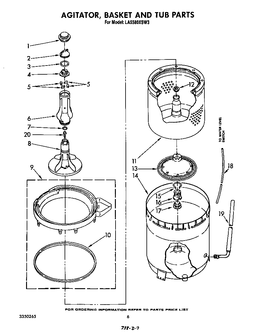 Whirlpool LA5580XSW3 agitator, basket and tub diagram