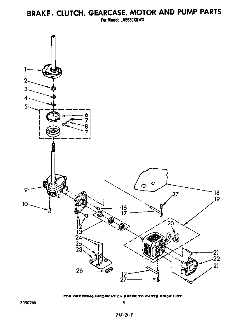Whirlpool LA5580XSW3 brake, clutch, gearcase, motor and pump diagram