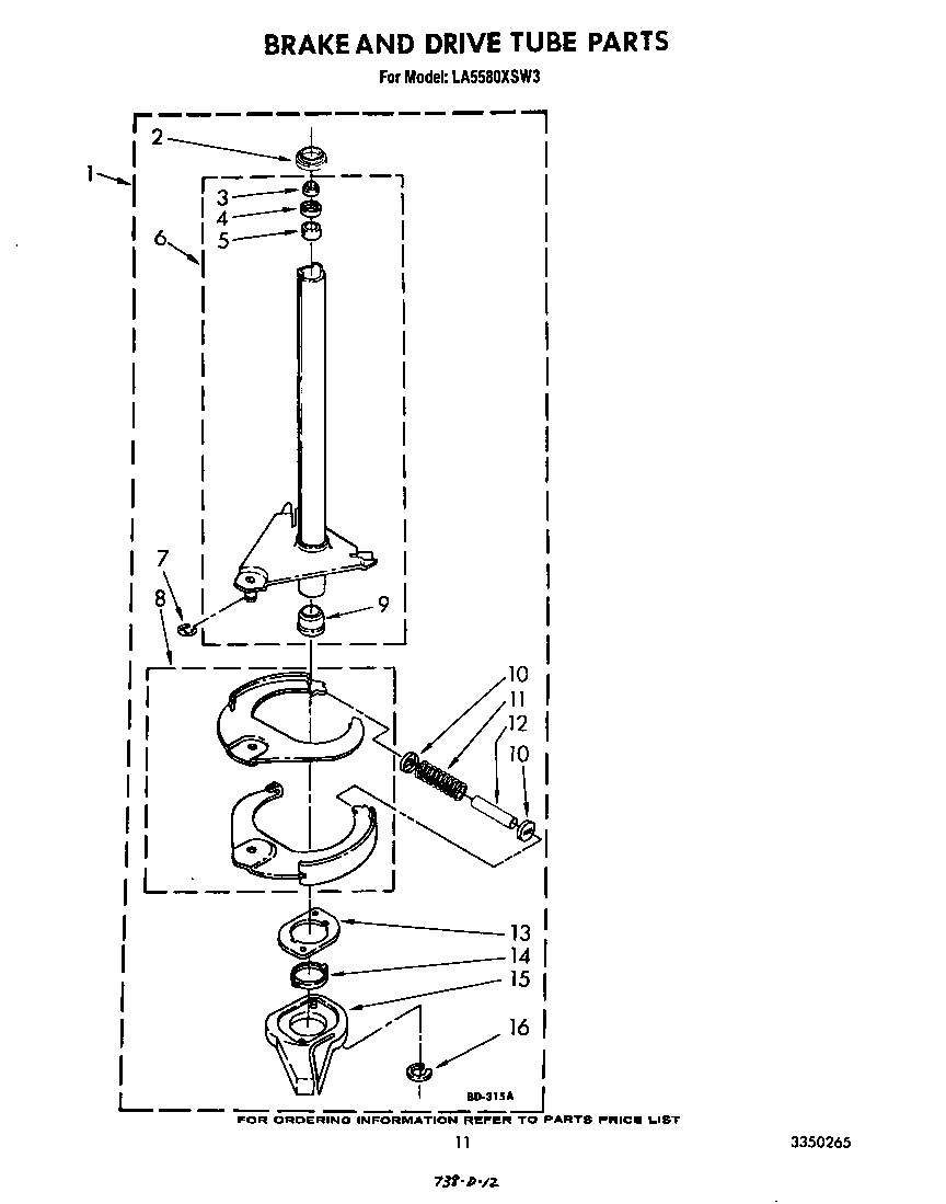 Whirlpool LA5580XSW3 brake and drive tube diagram