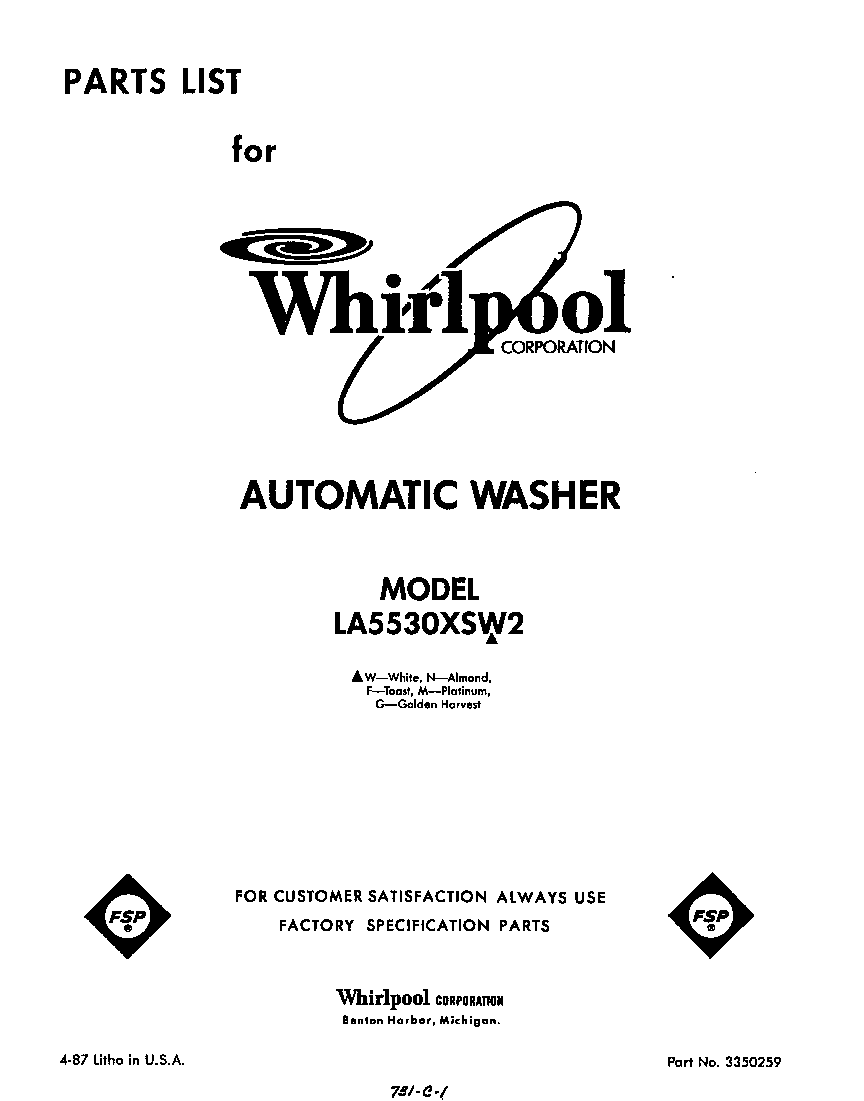 Whirlpool LA5530XSW2 front cover diagram
