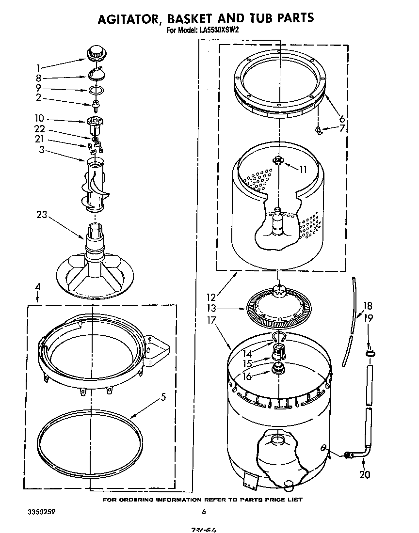 Whirlpool LA5530XSW2 agitator, basket and tub diagram