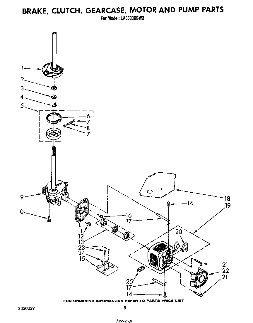 Whirlpool LA5530XSW2 brake, clutch, gearcase, motor and pump diagram