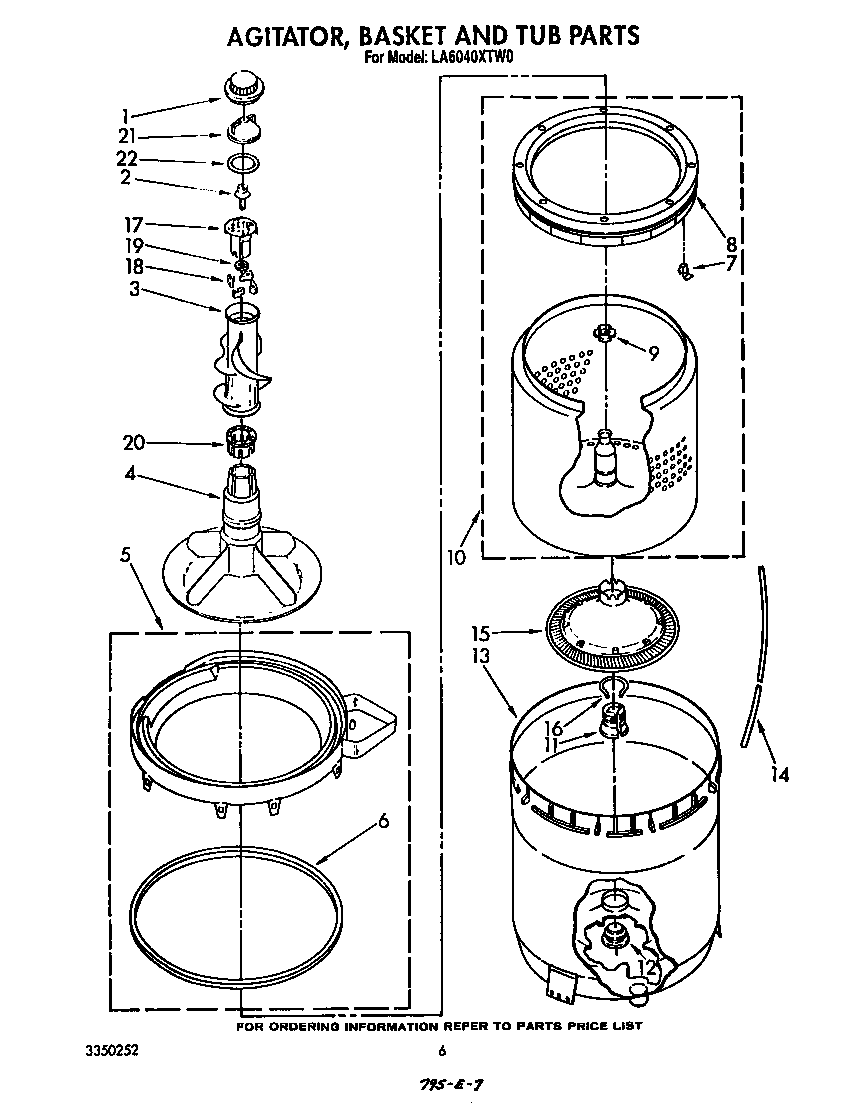 Whirlpool LA6040XTW0 agitator, basket and tub diagram