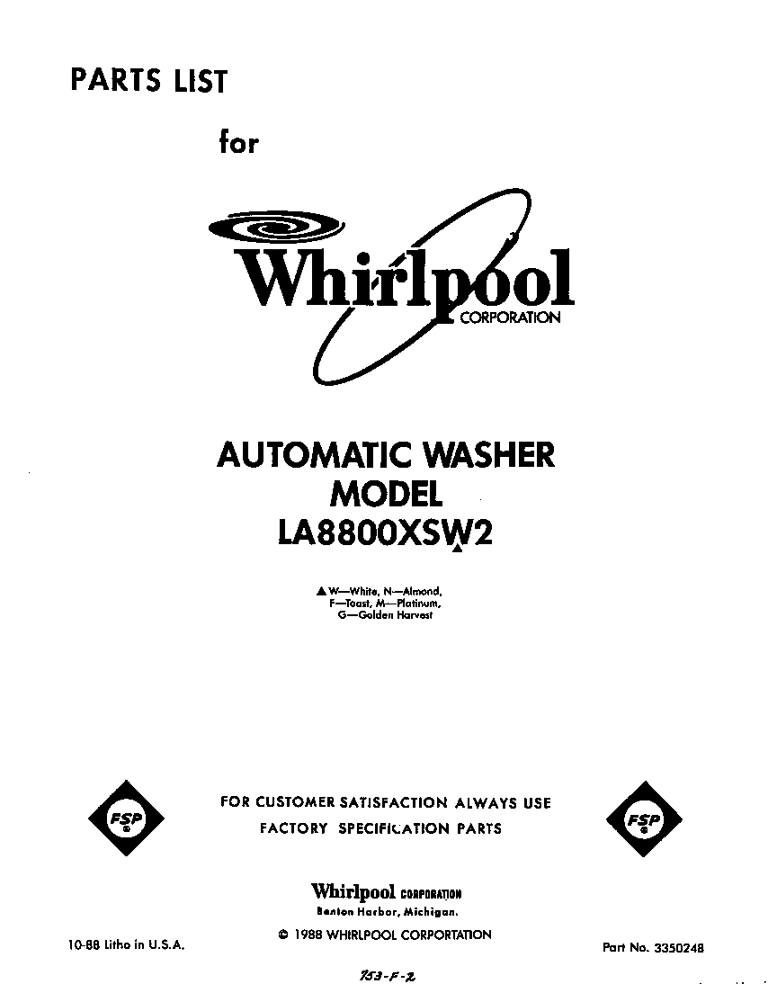 Whirlpool LA8800XSW2 front cover diagram
