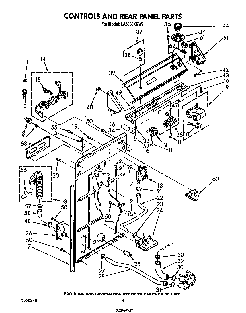 Whirlpool LA8800XSW2 controls and rear panel diagram